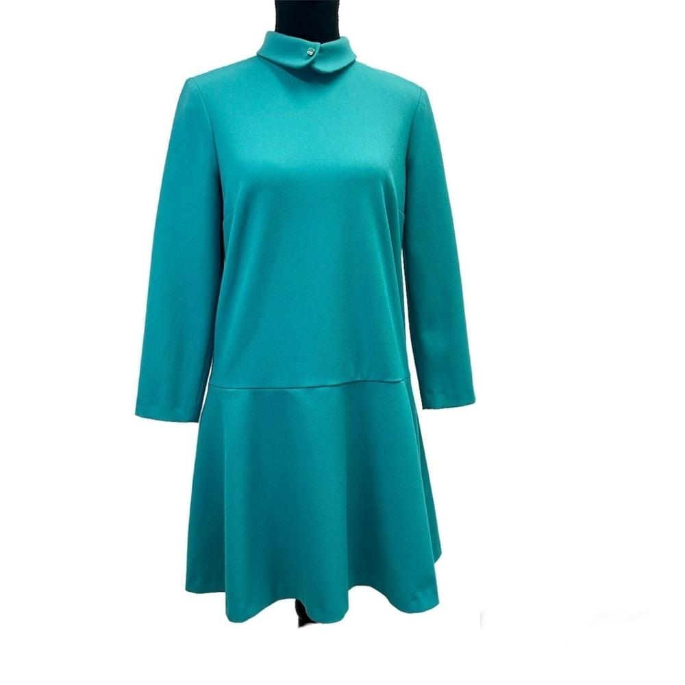 Tara Jarmon turquoise blue long sleeve drop waisted skater dress Sz 36
